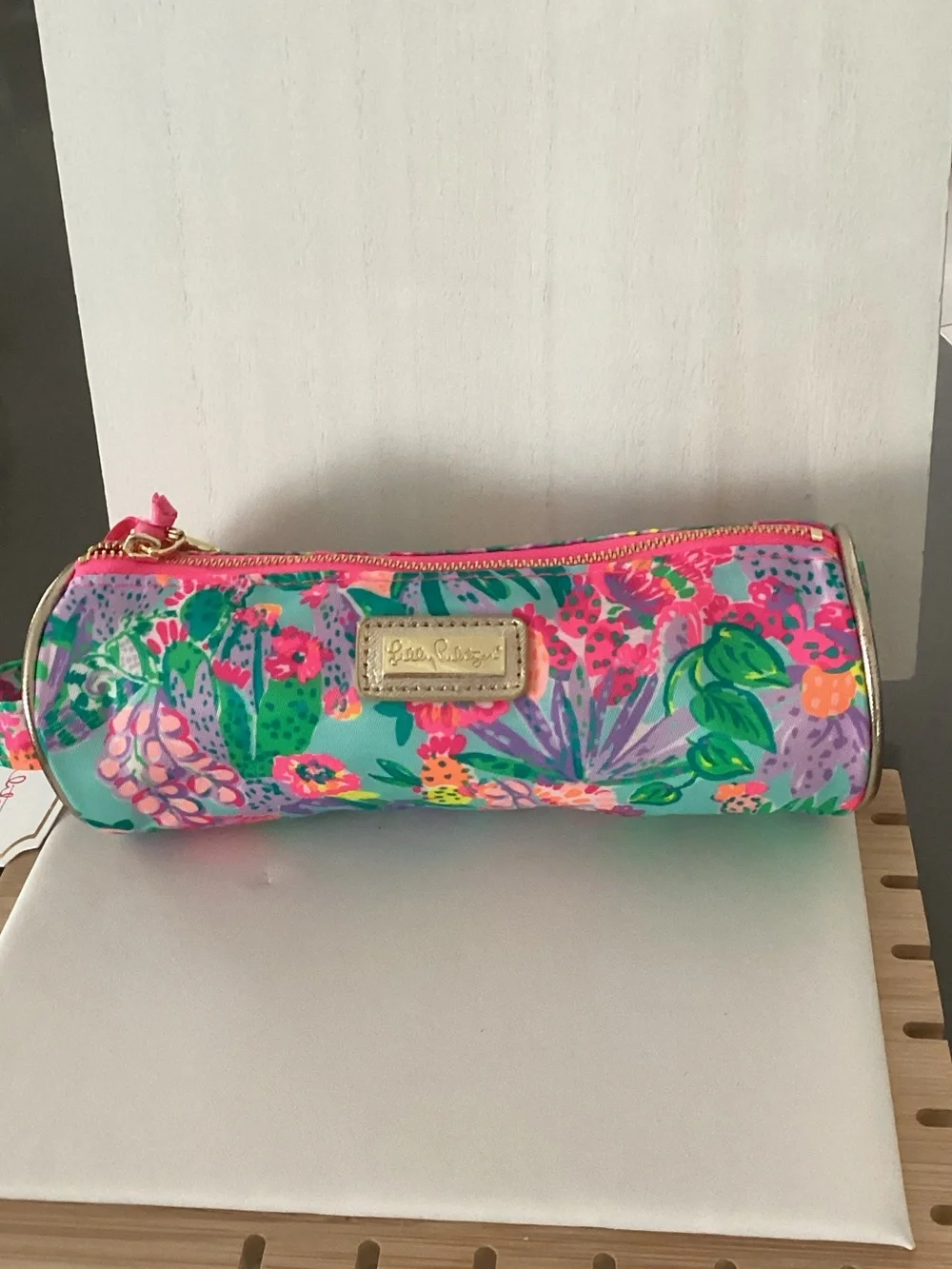 Lilly Pulitzer Tropical Floral Cylinder Pouch - Turquoise & Pink